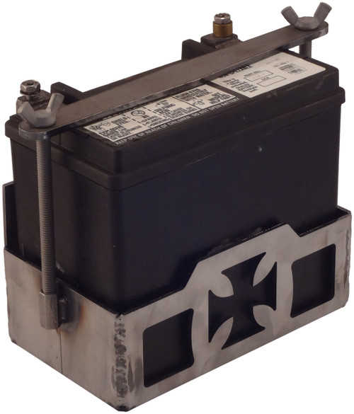 Billet Proof® "Cross" Battery Box for HD Battery part # 65989-97B, Deka ETX16, ETX16L, Odyssey PC625, PC535, EarthX Motorsports  ETX24D, ETX36DOdyssey® PC625, PC535 - Steel - Clamp Style - Comes Flat or Welded - Made In The USA