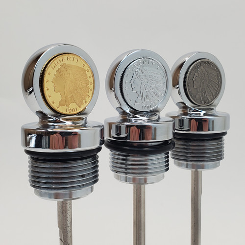 Aeromach CI-1048CX Chrome Billet Oil Dipstick With Chrome, Gold or Antique Nickel Coin - Fits 2020+ Indian Challenger & Pursuit Models with 108" PowerPlus Engine - Made in USA