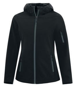 COAL HARBOUR® EVERYDAY HOODED WATER REPELLENT STRETCH SOFT SHELL LADIES' JACKET. Front Logo Included