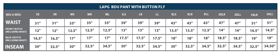 Bdu Pants Size Chart