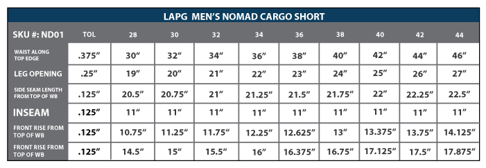 Nomad Hunting Pants Size Chart