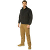 Rothco Lightweight Concealed Carry Jacket LCCJ, a man wearing a black lightweight jacket designed for concealed carry with front pockets and a high collar, paired with tan cargo pants and beige boots. Thumbnail Image