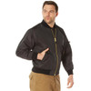 Rothco Lightweight Enhanced Nylon MA-1 Flight Jacket LENFJ, Man wearing a black bomber jacket with gold zipper and ribbed cuffs, standing against a white background. Thumbnail Image