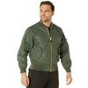 Rothco Lightweight Enhanced Nylon MA-1 Flight Jacket, front view of a male model wearing a dark green bomber jacket with gold zipper and multiple zippered pockets. Thumbnail Image