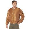 Rothco MA-1 Flight Jacket, a man wearing a shiny, caramel-colored bomber jacket with a front zipper, ribbed cuffs, and multiple pockets, styled for military-inspired fashion. Thumbnail Image