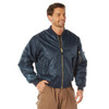 Rothco MA-1 Flight Jacket, navy blue bomber jacket with gold zipper and ribbed cuffs and collar, worn by a smiling man. Thumbnail Image