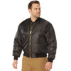 Rothco MA-1 Flight Jacket MA1FJ, black satin bomber jacket with golden zipper and ribbed cuffs worn by a male model. Thumbnail Image