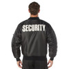 Rothco MA-1 Flight Jacket with Security Print MA1FKSP, back view of a black bomber jacket with large white 'SECURITY' lettering on the back. Thumbnail Image