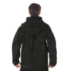 Rothco Midnight Camo Special Ops Soft Shell Jacket MCSOSSJ, rear view of a man wearing a black camouflage soft shell jacket with a hood and multiple zippered pockets. Thumbnail Image