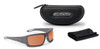 ESS Credence Sunglasses ESS-EE9015, sports sunglasses with gray frame and orange tinted lenses, accompanied by a protective case and cleaning cloth. Thumbnail Image