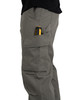 Iron & Haft Men's Journeyman 8 Pocket Cargo Work Pant, gray work pants with multiple pockets, including a large side cargo pocket with a tool clip for utility.