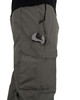 Iron & Haft Men's Journeyman 8 Pocket Cargo Work Pant, close-up of gray work pant with tool pocket containing a caliper for measuring.