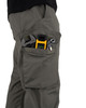 Iron & Haft Men's Journeyman 8 Pocket Cargo Work Pant, close-up of the gray work pants with a large tool pocket containing a wrench, a level, and a cordless drill.