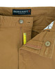 Iron & Haft Men's Tradesman 12 Pocket Stretch Work Pant, close-up of the khaki-colored work pant waistband with zipper, button, and brand label.
