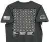 Iron & Haft Men's Wordsearch Short Sleeve T-Shirt IH-WORDSEARCH, dark gray t-shirt with a large word search puzzle printed on the front, American flag on the sleeve, and Iron & Haft logo on the other sleeve.