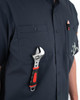 Iron & Haft Tradesman Long Sleeve Stretch Canvas Work Shirt, close-up of a dark navy work shirt with multiple pockets and a wrench in the chest pocket.
