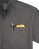 Iron & Haft Tradesman Short Sleeve Stretch Canvas Work Shirt, close-up of gray work shirt with front chest pocket containing a pencil and a yellow measuring tape.