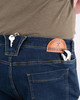 Iron & Haft Men's Journeyman Work Jean Shorts, close-up of denim shorts with a leather patch and a key in the pocket.