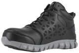 front to back side view of Reebok Men's Black and Grey Sublite Cushion Waterproof Mid-Cut Work Shoe