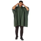 Rothco Rubberized Rainwear Poncho, man wearing a green waterproof rain poncho with a hood, adjustable drawstring, and side zippers, designed for outdoor protection against rain. Thumbnail Image