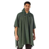 Rothco Rubberized Rainwear Poncho, green waterproof rain poncho worn by a man with a hood and adjustable drawstrings. Thumbnail Image