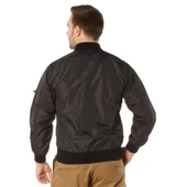 Rothco Lightweight Enhanced Nylon MA-1 Flight Jacket, back view of a man wearing a black bomber jacket with ribbed cuffs and hem, and a high collar, on a plain white background.