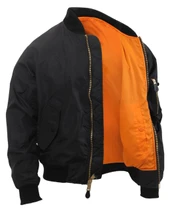 Rothco Lightweight Enhanced Nylon MA-1 Flight Jacket LENFJ, front view showing black exterior and orange interior lining with gold zipper details. Thumbnail Image