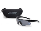 ESS Crossbow One Black with Polarized Gray Ballistic Eyeshield, protective eyewear with gray polarized lenses and black frame, accompanied by a black protective case. Thumbnail Image