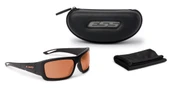 ESS Credence Sunglasses ESS-EE9015, black sports sunglasses with orange tinted lenses, accompanied by a black protective case and a cleaning cloth. Thumbnail Image