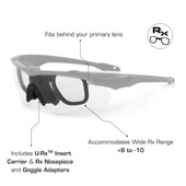 ESS Crossblade Eyeshield 3LS Kit, protective eyewear with interchangeable lenses, includes U-Rx Insert, Carrier, Rx Nosepiece, and Goggle Adapters, designed to fit behind primary lenses and accommodate Wide Rx Range +8 to -10. Thumbnail Image