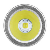 Olight i3E EDC Palm Breeze Keychain Flashlight I3EPB, close-up view of the front of the small, compact flashlight showing its bright yellow LED and silver body. Thumbnail Image