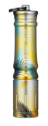 Olight i3E EDC Palm Breeze Keychain Flashlight, compact portable flashlight with a palm leaf pattern design in yellow, blue, and black colors. Thumbnail Image