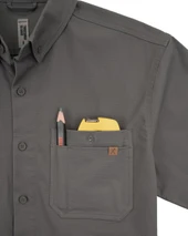Iron & Haft Tradesman Short Sleeve Stretch Canvas Work Shirt, close-up of gray work shirt with front chest pocket containing a pencil and a yellow measuring tape. Thumbnail Image