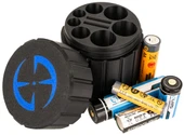 LAPG Tactical Spare Battery Container TDP-RDBATTHOLDER, black plastic cylindrical container with multiple compartments and a separate lid, along with various AA and AAA batteries. Thumbnail Image