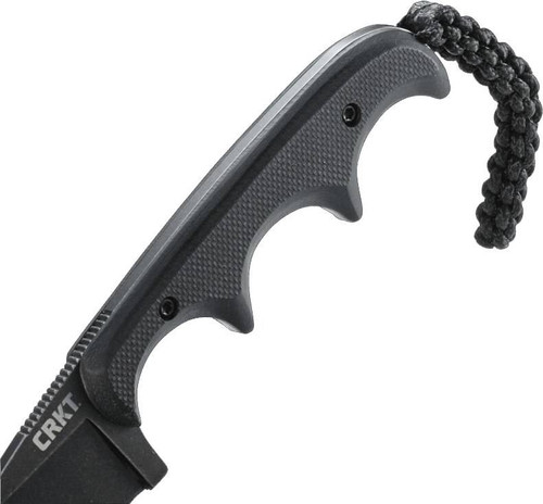 Minimalist Black Drop Point Blade Knife handle close up 