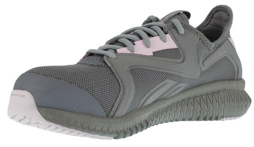 front to back view of Reebok Women's Glexagon 3.0 Grey and Pink Work Shoe