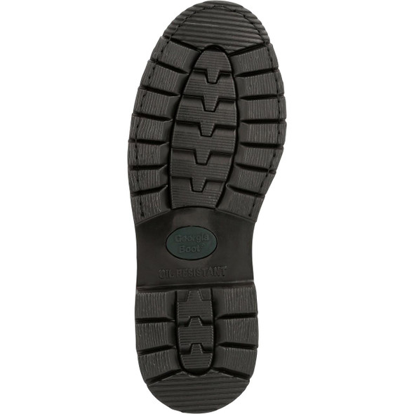 Georgia Boot MudDog Wellington Work Boot G5514, black rubber outsole with slip-resistant tread pattern, oil resistant, durable construction.