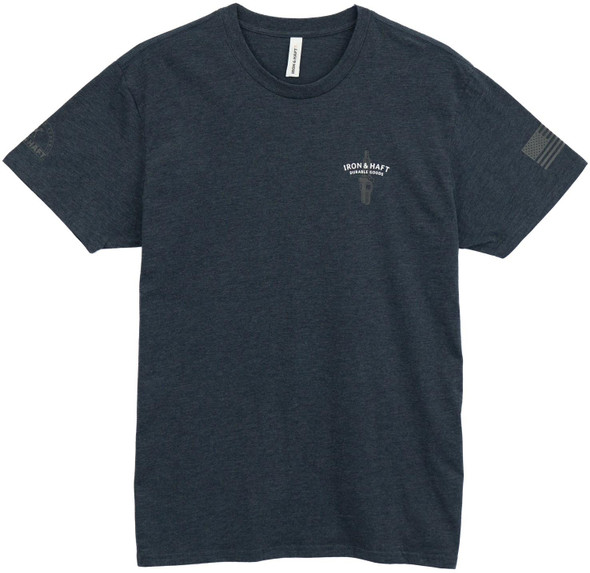 Iron & Haft Men's Durable Goods Short Sleeve T-Shirt, dark gray in color with printed logo on the chest and patches on the sleeves.