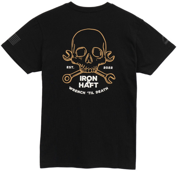 Iron & Haft Men's Wrench Til Death T-Shirt, black t-shirt featuring a skull graphic with crossed wrenches and text design.