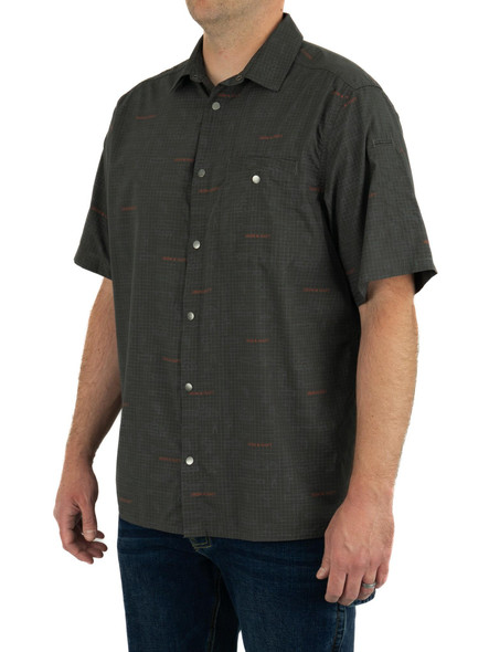Iron & Haft Men's EDJ Short Sleeve Button Up Shirt, black casual short sleeve button-up shirt with small red logo pattern and front chest pocket.