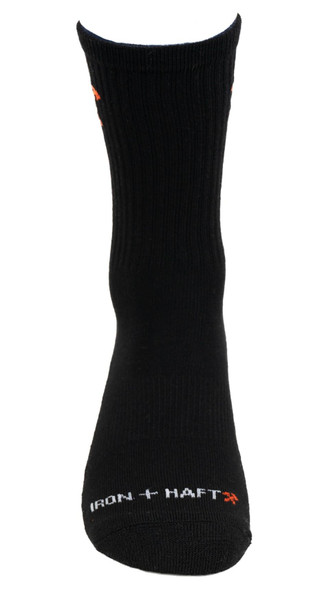 Iron & Haft Crew Length Socks, black crew length socks with the brand name 'IRON + HAFT' written on the toe area in white and orange accents.