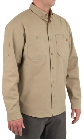 Iron & Haft Tradesman Long Sleeve Stretch Canvas Work Shirt, a beige long sleeve work shirt with buttoned front, two chest pockets with buttoned flaps, and reinforced shoulder straps.