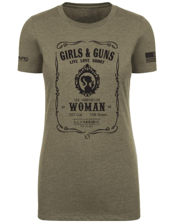 LAPG Women's Girls N Guns Short Sleeve T-Shirt, Olive green graphic tee with female silhouette, decorative frame, and text 'Girls & Guns Live Love Shoot', ideal for women and girls who love shooting sports.