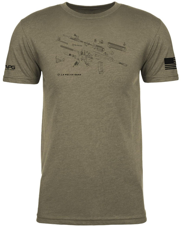 LAPG Men's AR-15 Gun Parts Short Sleeve T-Shirt, a beige game with a diagram of AR-15 parts and American and police flags on sleeves.