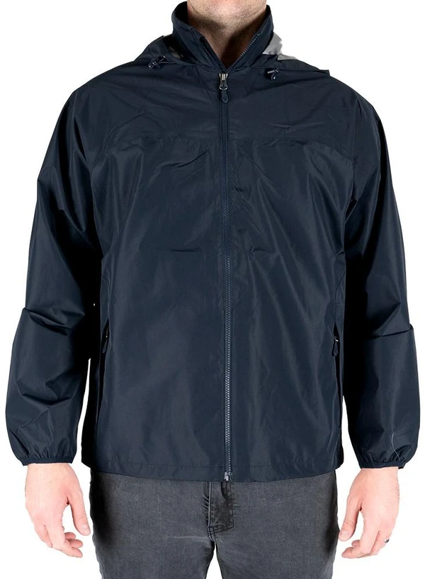 LAPG Men's Expedition Packable Waterproof Rain Jacket, navy blue lightweight and durable waterproof rain jacket with a hood, full zipper, and adjustable cuffs, suitable for outdoor activities.