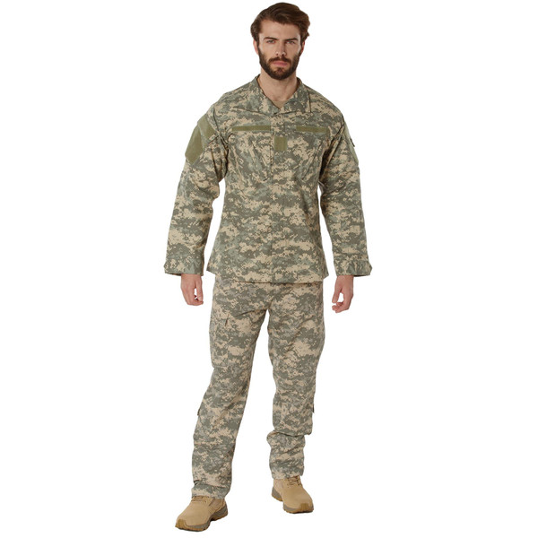 Rothco ACU Digital Camo Combat Uniform Shirt DCCUS, front view of a male model wearing a camouflage combat shirt and pants in digital camouflage pattern with tactical patches and rugged boots.