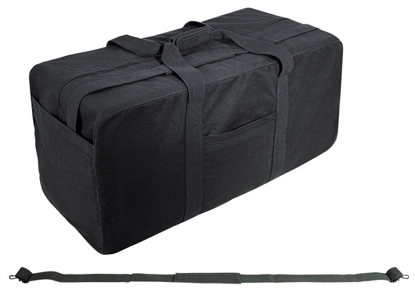Rothco Jumbo Canvas Cargo Bag JCCB, large black durable canvas travel and storage duffel bag with shoulder strap and multiple compartments.