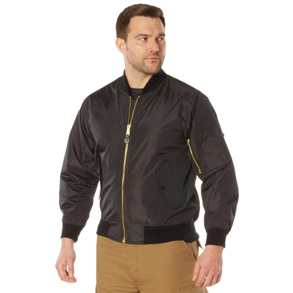 Rothco Lightweight Enhanced Nylon MA-1 Flight Jacket, a men's black bomber jacket with a ribbed collar, cuffs, and hem, featuring gold zipper details and multiple pockets.