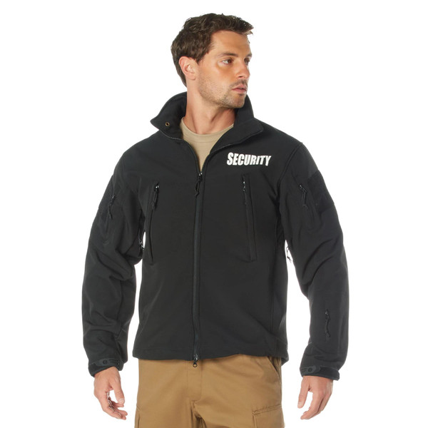 Rothco Spec Ops Soft Shell Security Jacket SOSSSJ, black tactical jacket with multiple zippered pockets and security insignia.