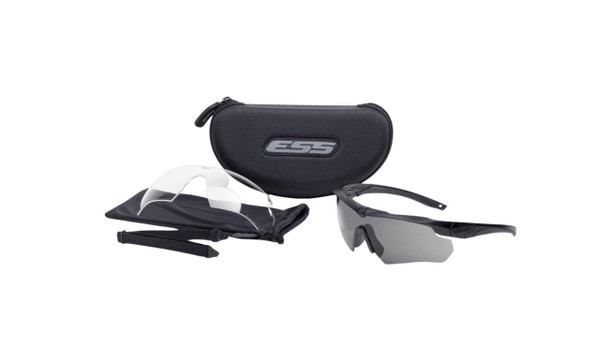 ESS Crossbow 2LS Eye Protection Kit, includes protective eyewear, carrying case, and lens cleaning cloth for outdoor sports and shooting safety.